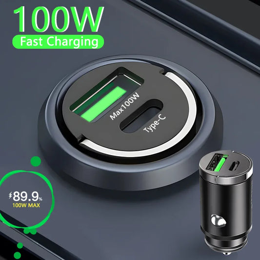 Fast Charge Your Devices on the Go with 100W Mini Car Charger - Compatible with iPhone, Samsung, Huawei, and More!