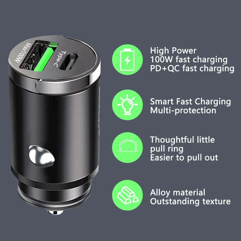 Fast Charge Your Devices on the Go with 100W Mini Car Charger - Compatible with iPhone, Samsung, Huawei, and More!