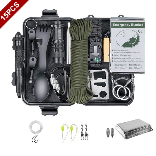 15 IN 1 Emergency Survival Kit Gear Camping Travel Multifunction Tactical Defense Equipment First Aid SOS Wilderness Adventure